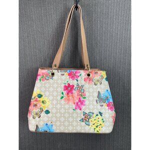 Bueno Floral & Butterfly Print Tote Bag With Tan Handles & Multiple Compartments